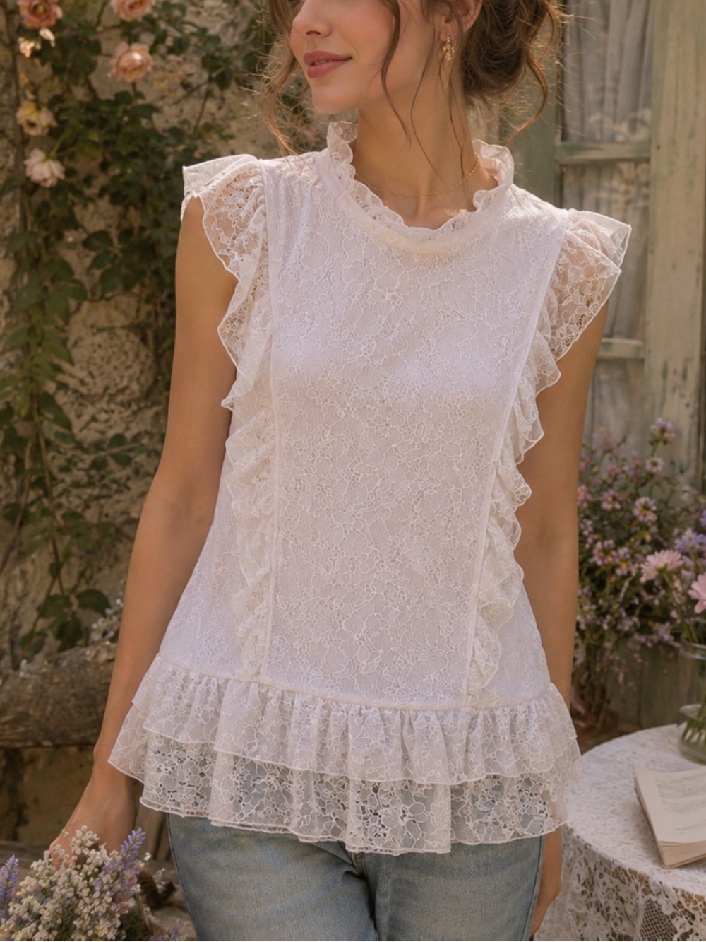 Express Dusty Rose Lace Ruffle Blouse Size M Romantic Coquette Cottagecore Top